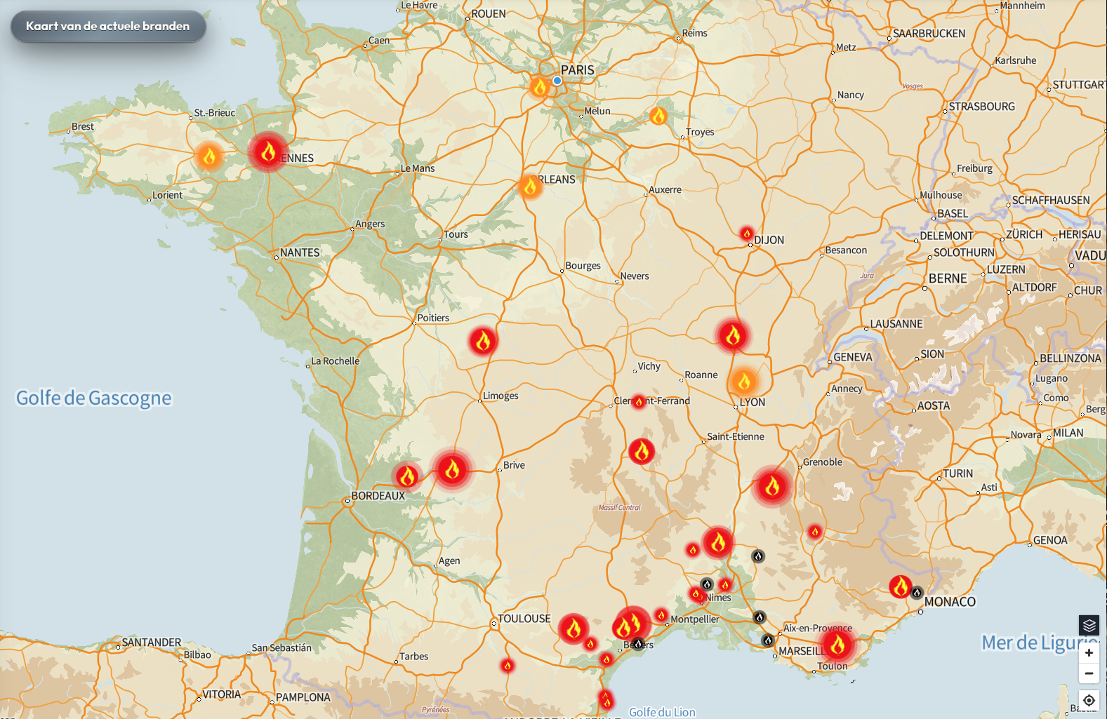 Live kaart van actieve bosbranden in Frankrijk — klik om te openen